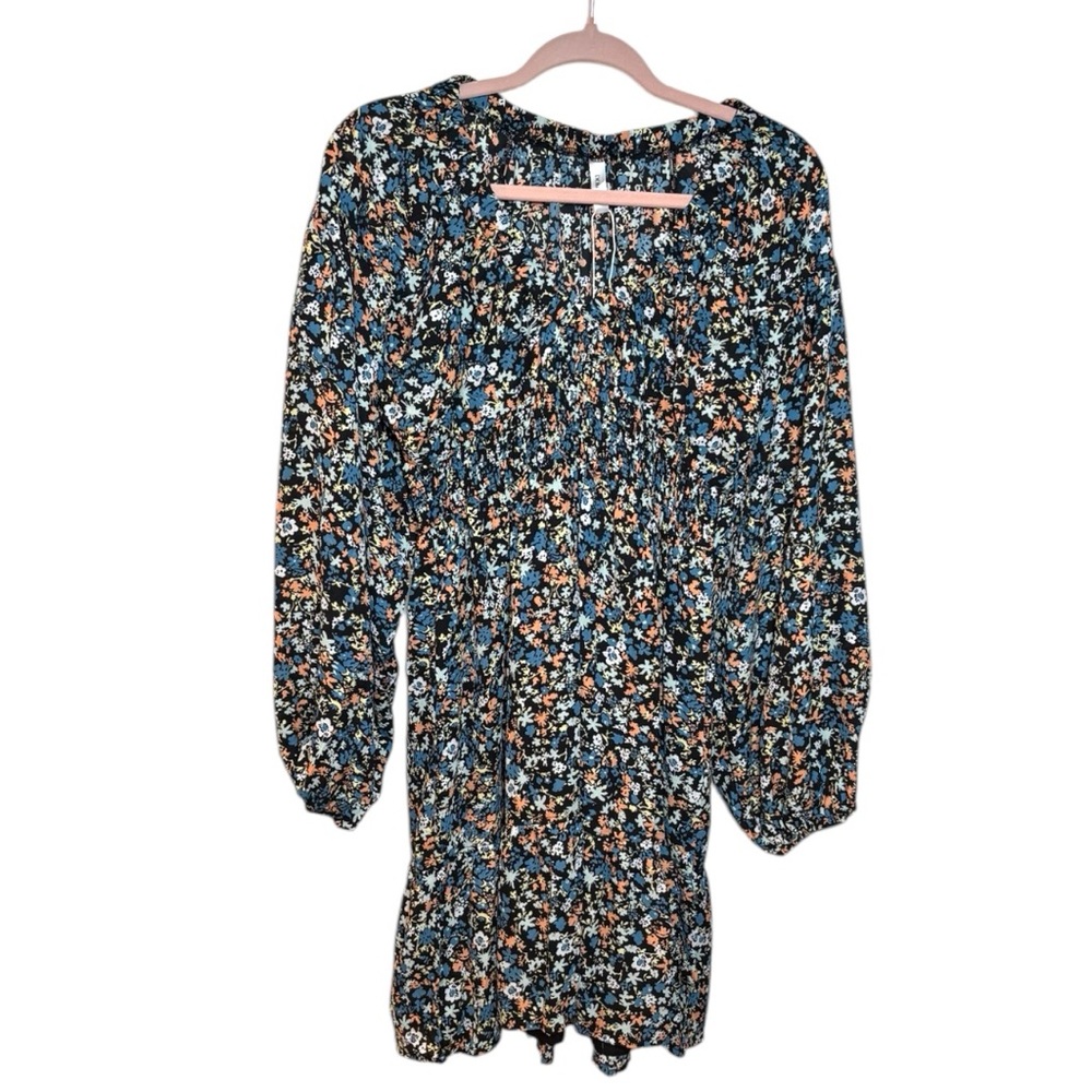 Floral Smocked Long Sleeve Mini Dress - Black/Blue Floral